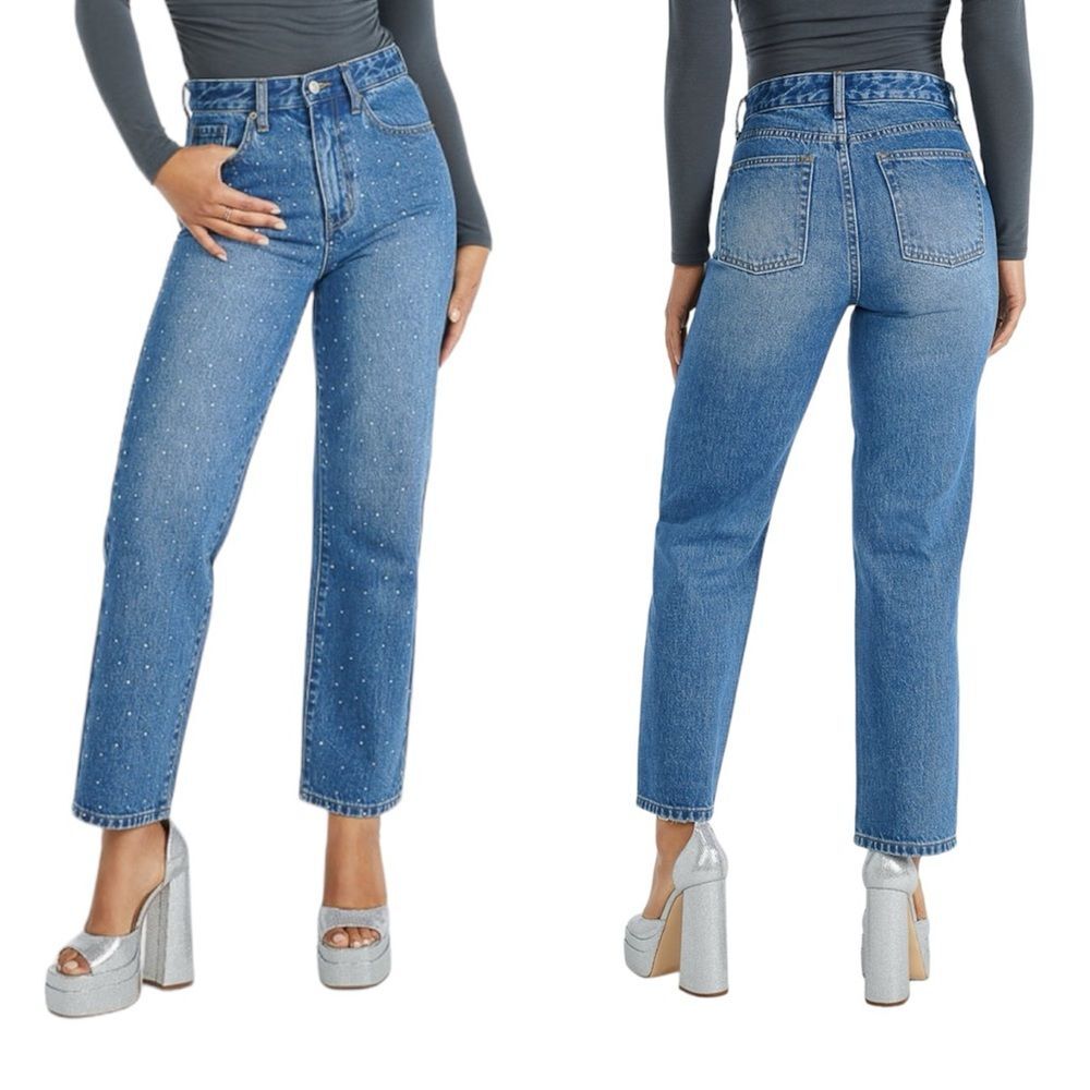 Jack High Rise Ankle Straight Leg Rhinestone Embellished Blue Jeans Size 32